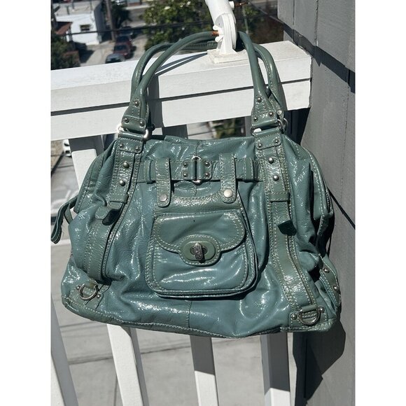 RARE VTG Y2K Lockheart shoulder teal blue patent leather bag large with dustbag - Picture 3 of 15